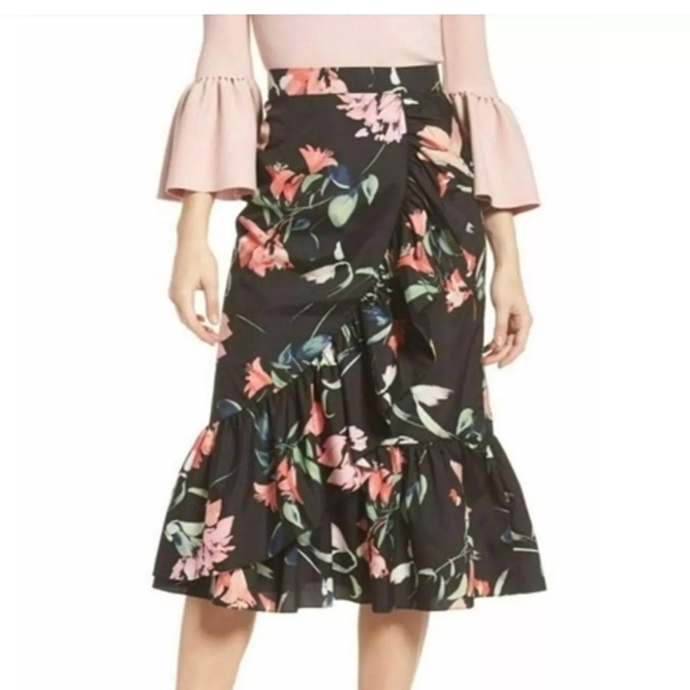 Eliza J Floral Taffeta Ruffle flouncy Midi Skirt Size 6 Excellent Condition